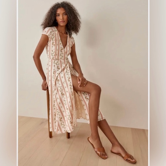 Reformation Carina Dress XL Hampton Stripe Midi Printed True Wrap Floral Bow - Picture 6 of 6